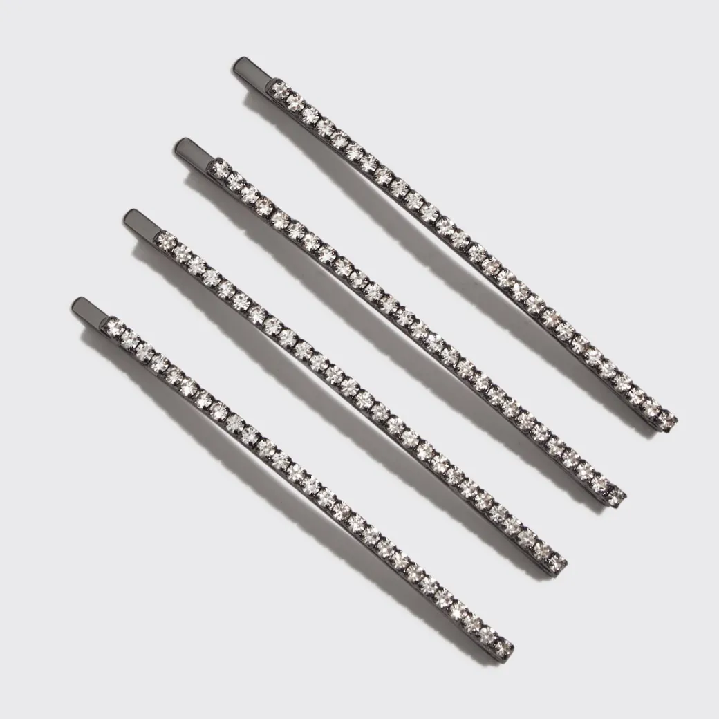 Extra Long Rhinestone Bobby Pins 4 pcs Set Hematite