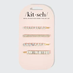Metal Rhinestone Assorted Bobby Pins 4pc Set Gold