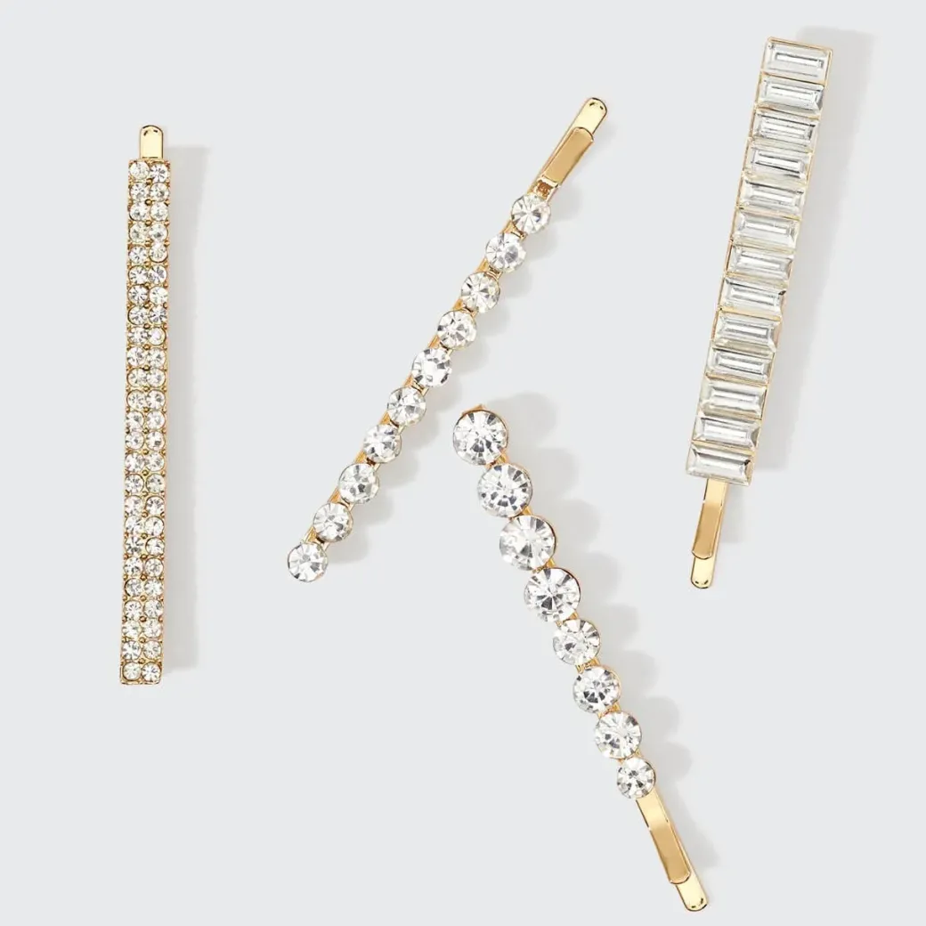 Metal Rhinestone Assorted Bobby Pins 4pc Set Gold